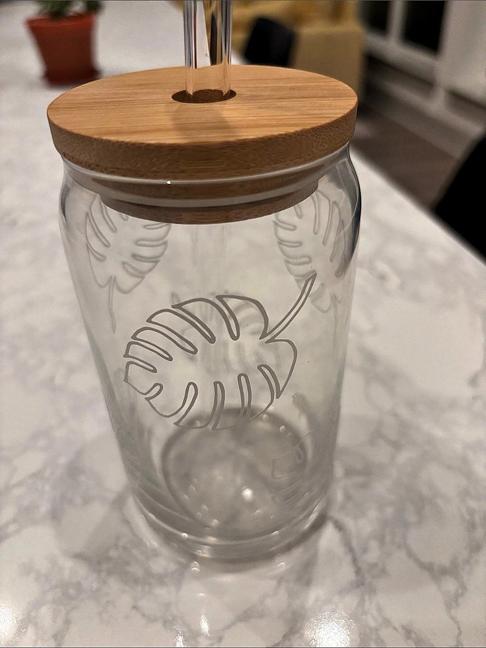Monstera Glass Tumbler with Straw
